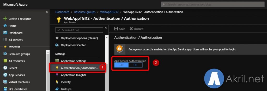 Activez l'authentification via l'option App Service Authentication
