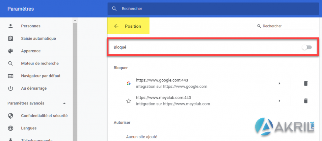 Google Chrome - Blocage de la position