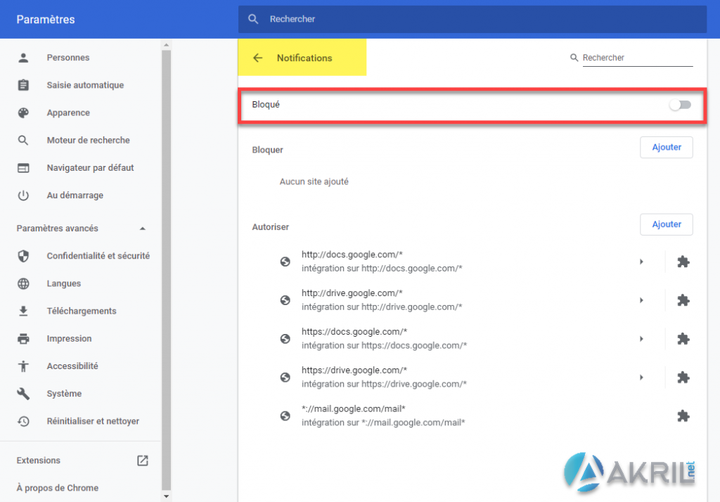 Google Chrome - Blocage des notifications