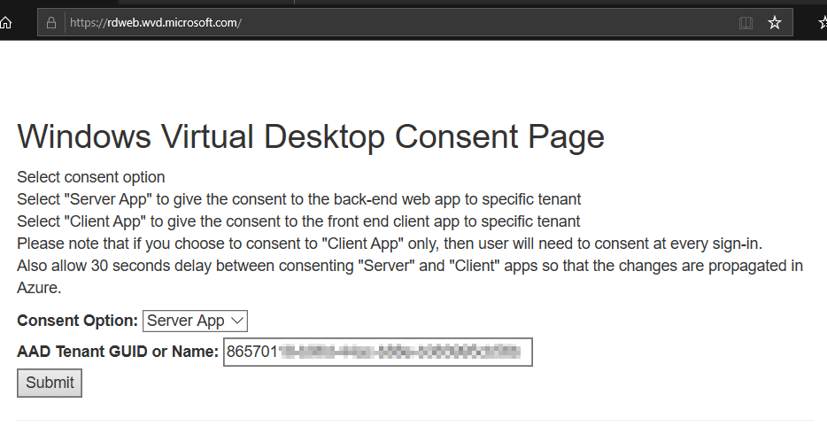 Windows Virtual Desktop Consent Page