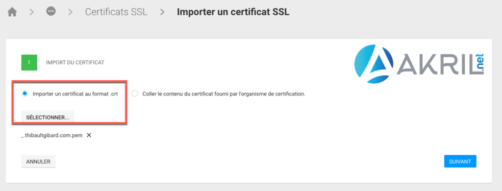 Interface Manager Infomaniak - Importer un certificat (2/2)
