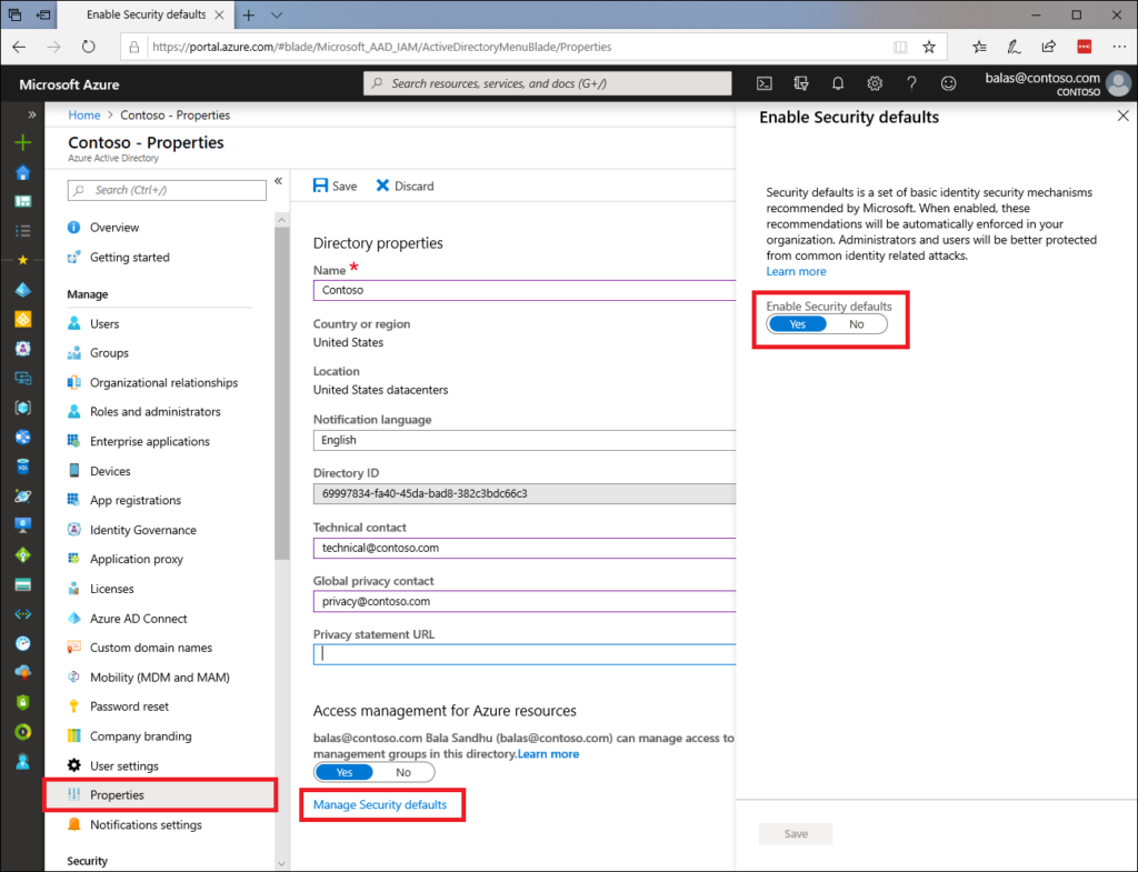 Options Security defaults - Azure Active Directory
