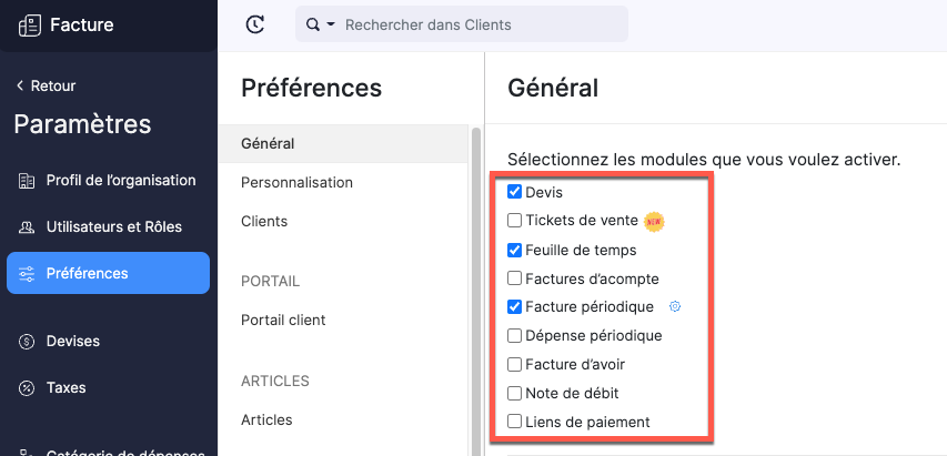 Zoho Invoice : modules disponibles