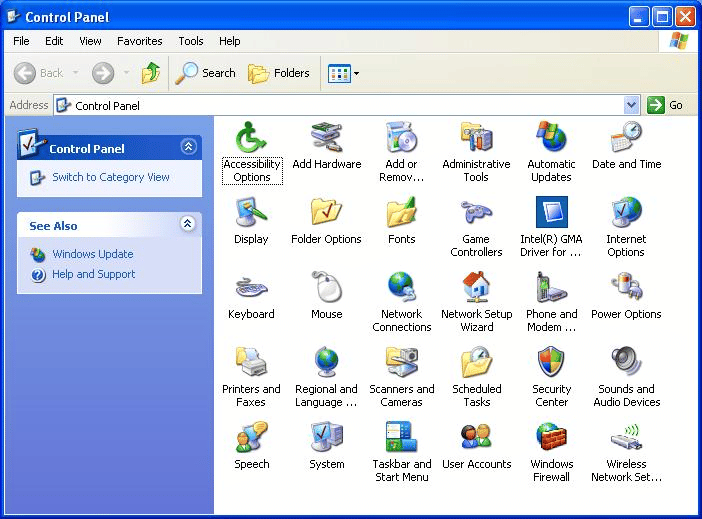 Aperçu du Panneau de Configuration sous Windows XP
