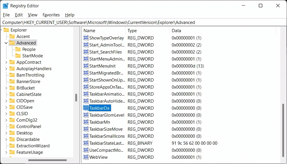Suppression des Widgets dans Windows 11 - Modification de la clé de registre TaskbarDa (1)