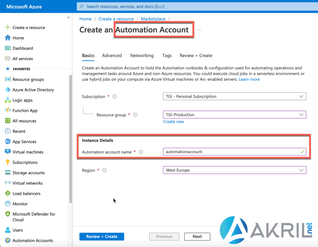 Création d'un compte Azure Automation (étape 2)