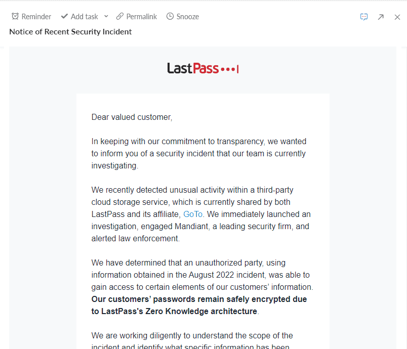 Mail reçu de la société LastPass suite au second piratage de 2022