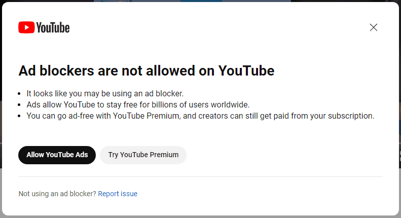 Message d'alerte YouTube que les utilisateurs verront s'ils tentent de bloquer les publicités