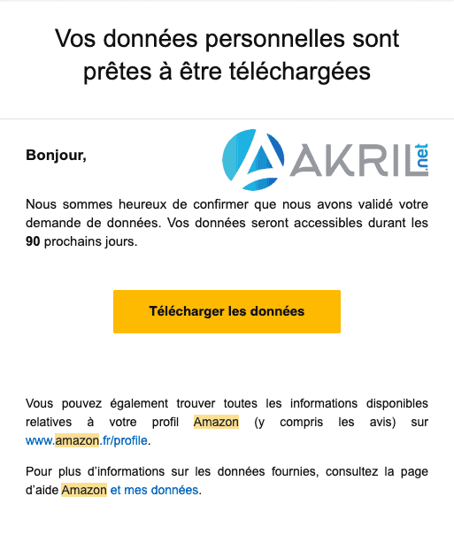 Téléchargement de vos données personnelles Amazon.fr