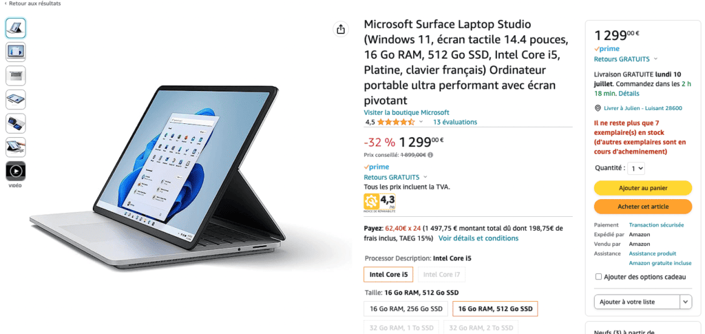 Microsoft Laptop Studio sur Amazon.fr