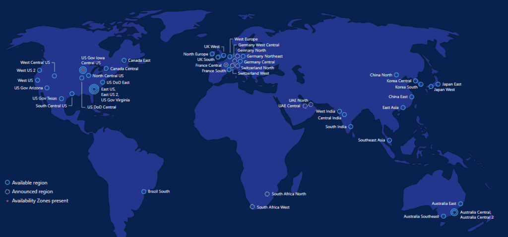 Carte des datacenters de Microsoft Azure