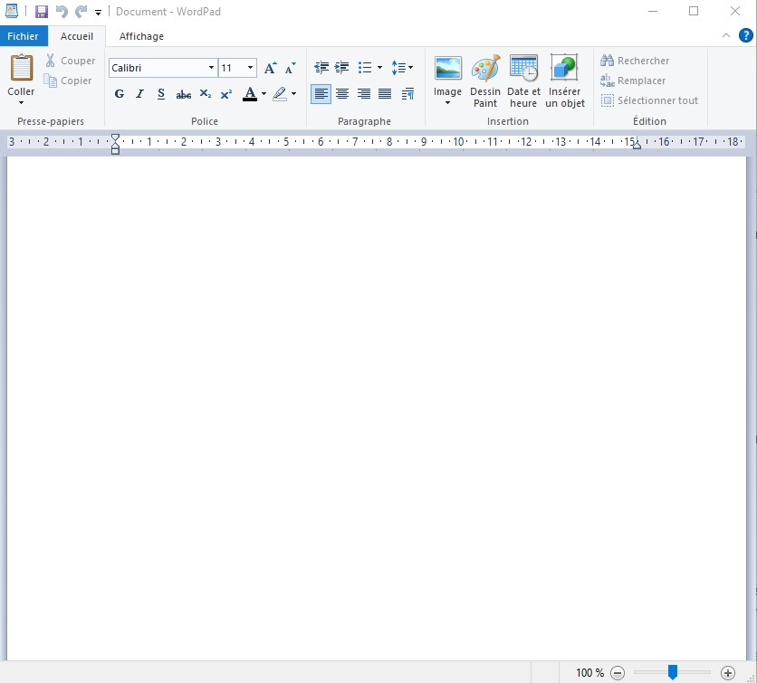 Aperçu de l'interface principale de WordPad