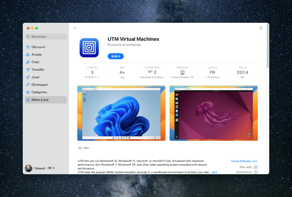 UTM Virtual Machines est disponible sur l'Apple Store au prix de 10 euros