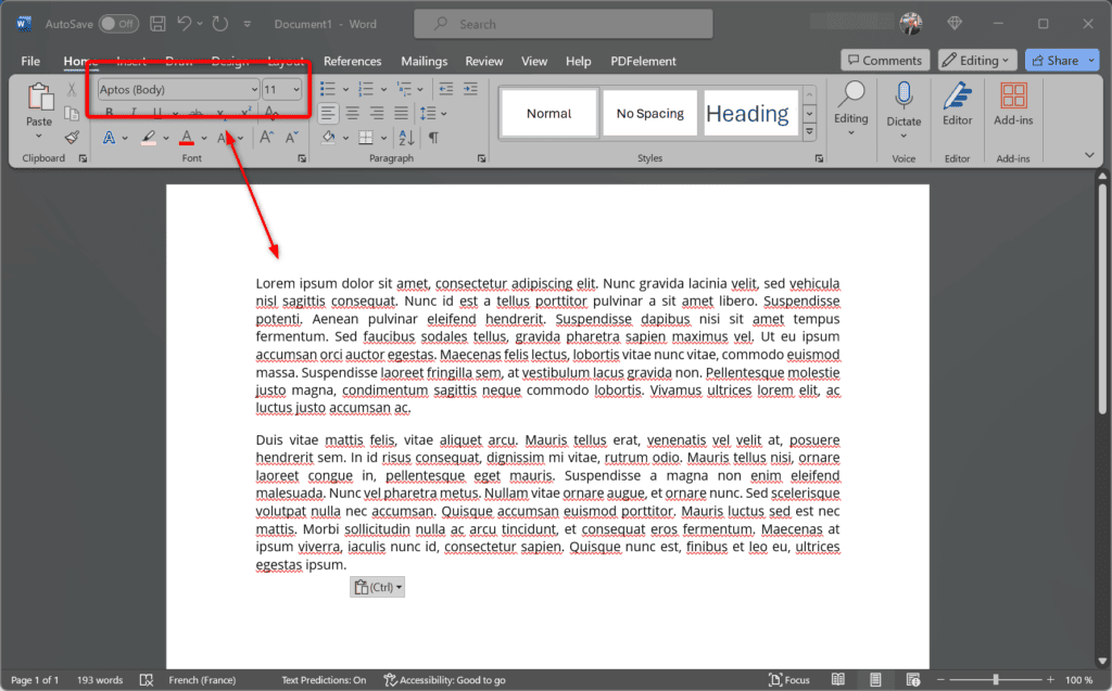 Aperçu de la police d'écriture Aptos dans Microsoft Word