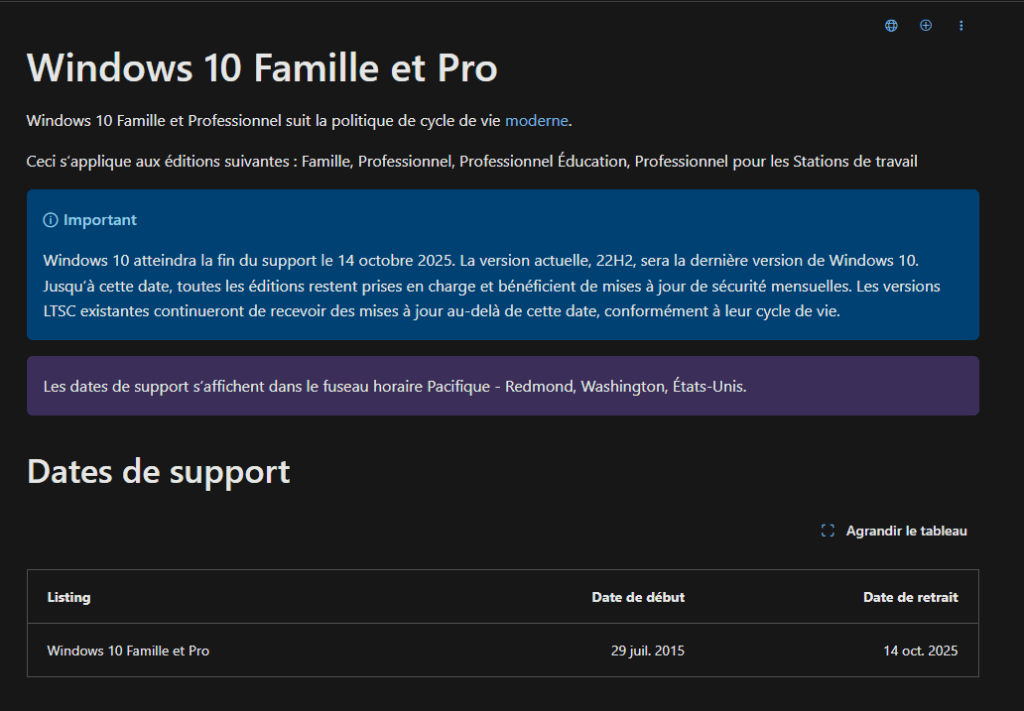 Fin de support de Windows 10 prévue pour octobre 2025