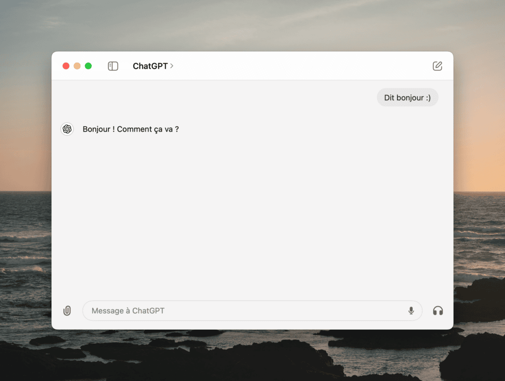 Aperçu de l'interface de l'application de ChatGPT pour macOS