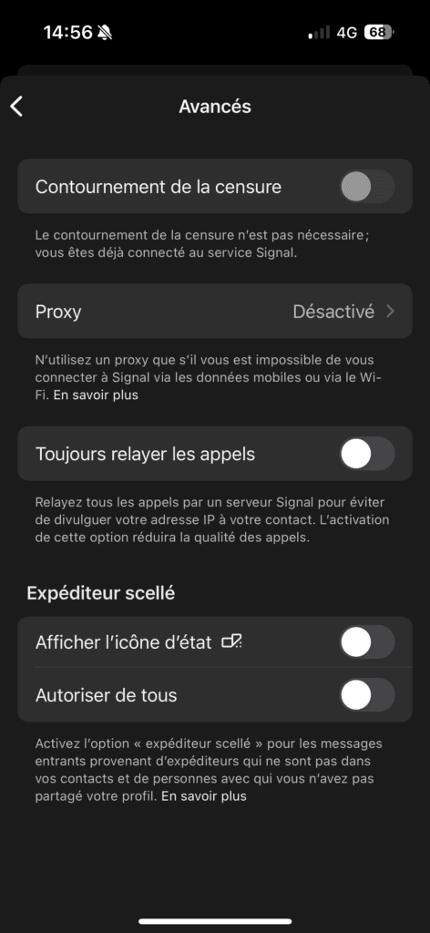 L'option Contournement de la censure est disponible dans les réglages Avancés de l'application Signal