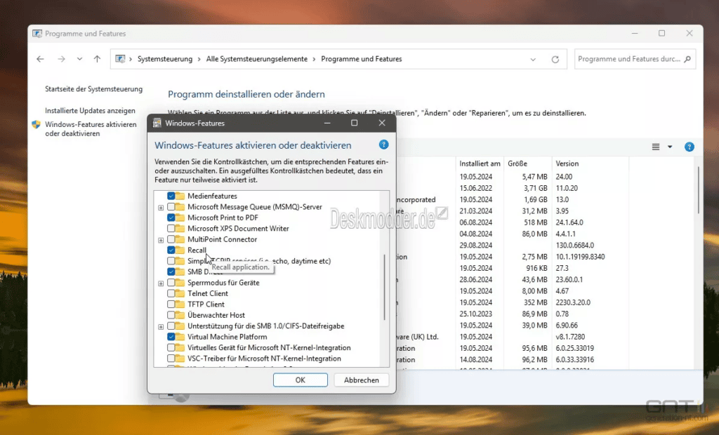 Liste des fonctionnalités optionnelles de Windows - Source Deskmodder.de