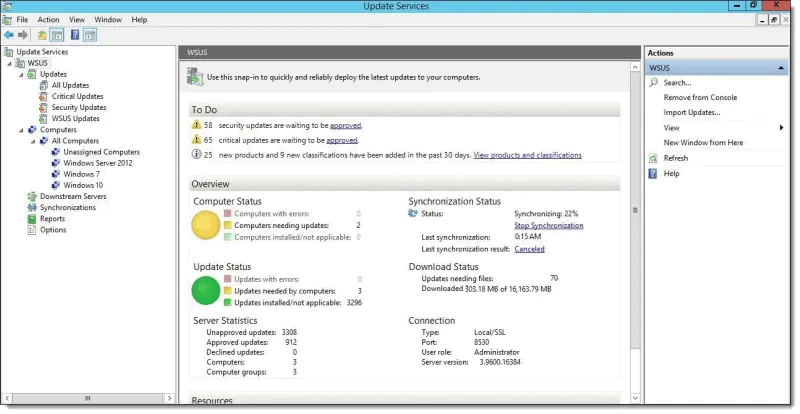 Interface principale de la console WSUS