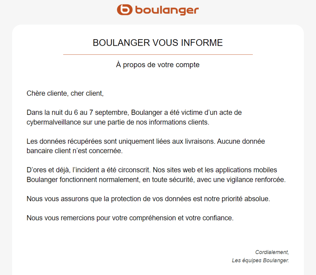 Mail envoyé à tous les clients Boulanger le 9 septembre 2024 suite au piratage