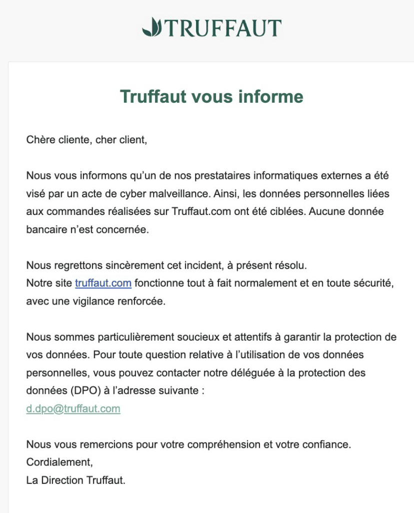 Mail envoyé par la société Truffaut à l'ensemble des clients