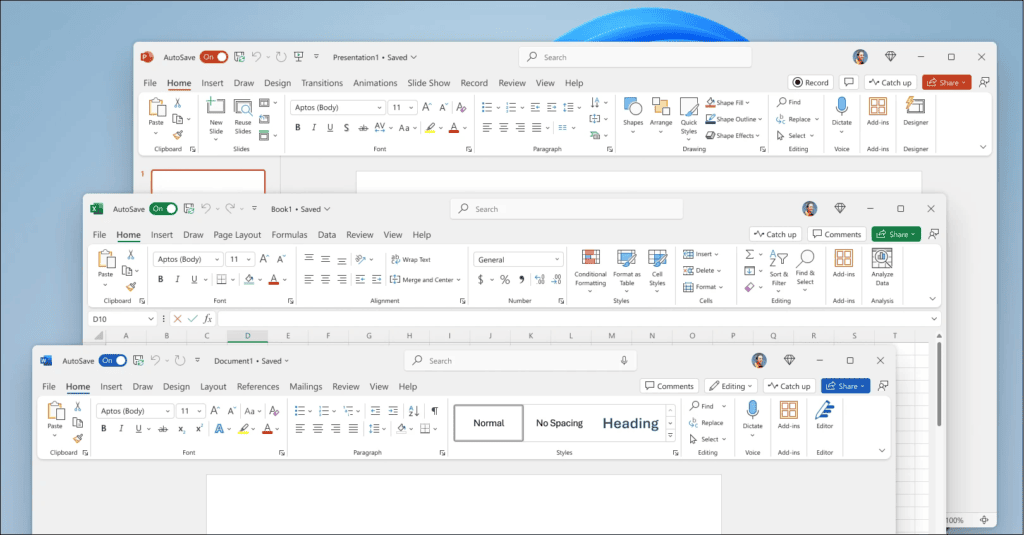 Interface graphique de PowerPoint, Excel & Word dans le pack Office 2024