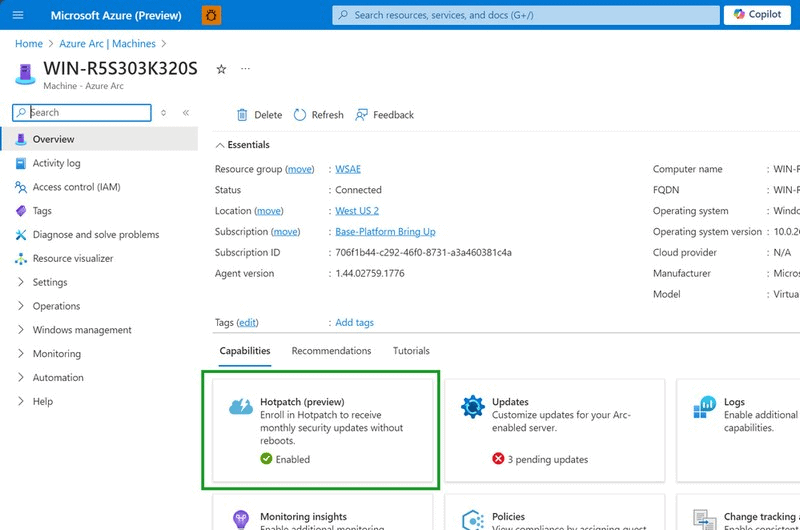 Aperçu de la fonctionnalité Hotpatch de Windows Server dans le portail Azure.