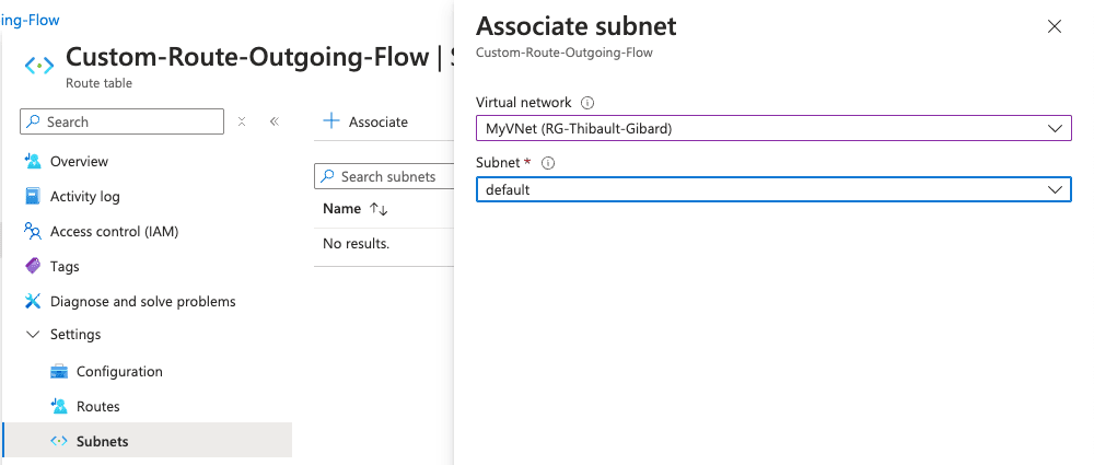 Association de notre nouvelle route au subnet qui contient notre VM