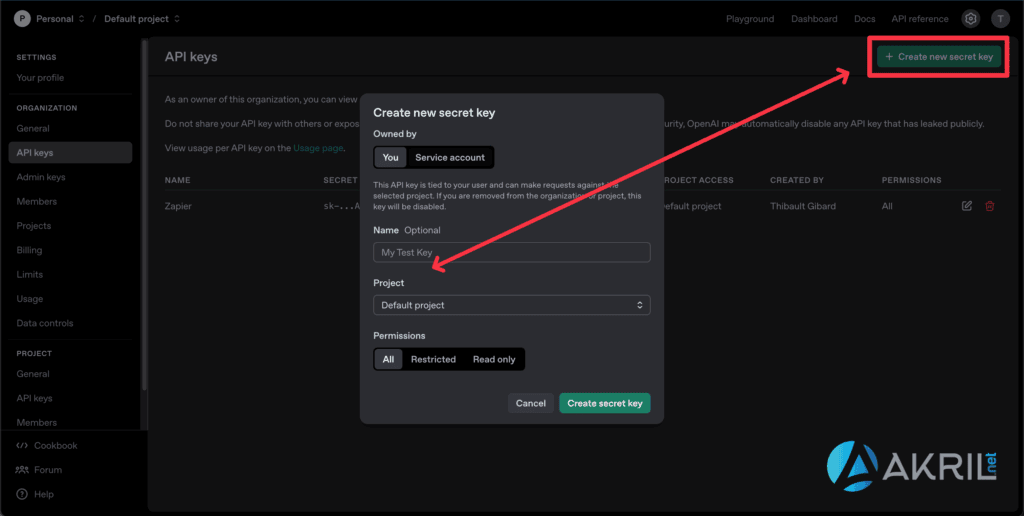 Création d'une nouvelle clé d'API dans ChatGPT