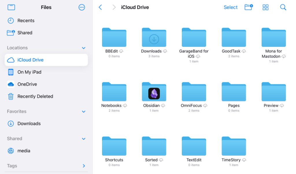 Interface de iCloud Drive