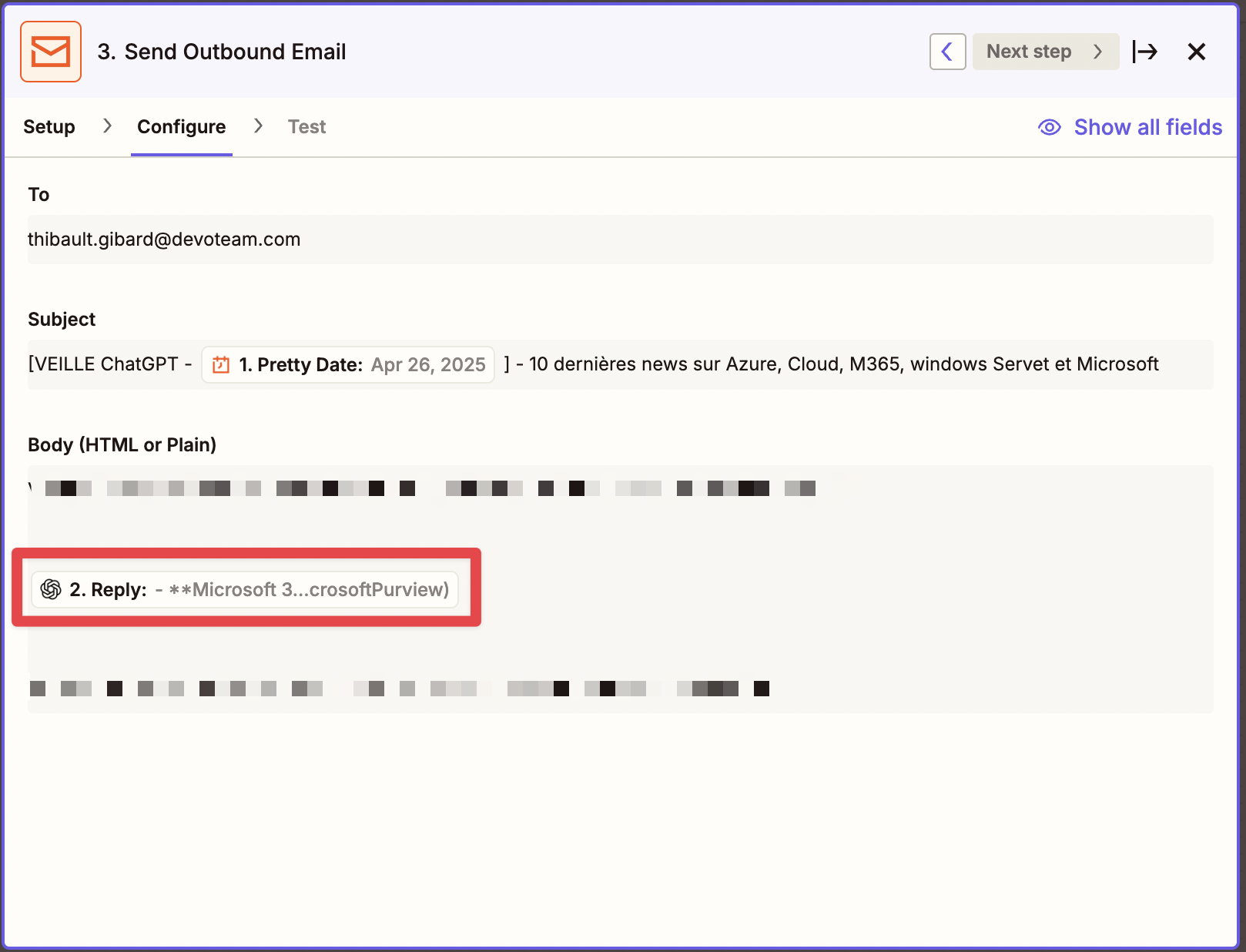 Envoie de la réponse de ChatGPT par email