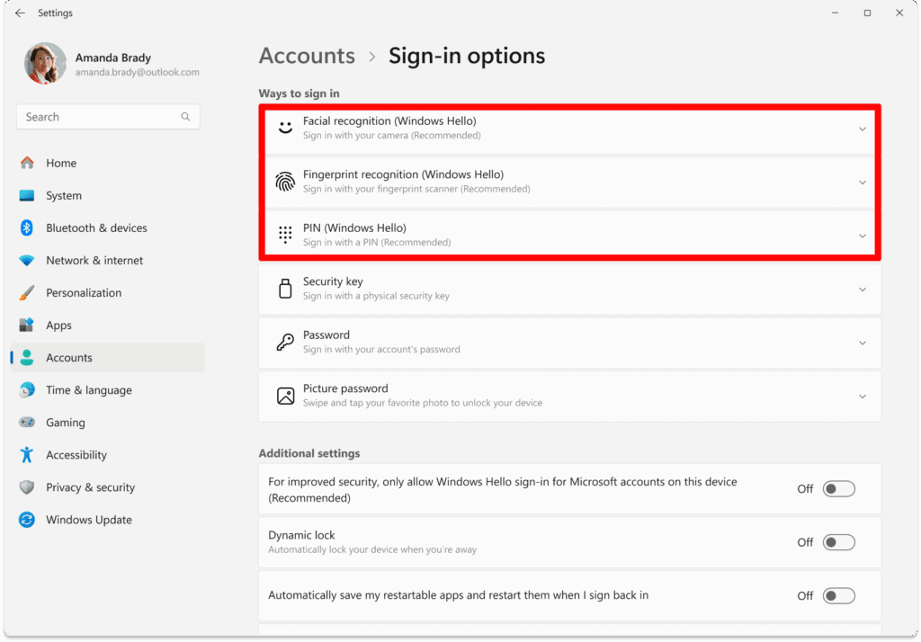 Utilisation de Windows HEllo depuis l'interface de Windows 11