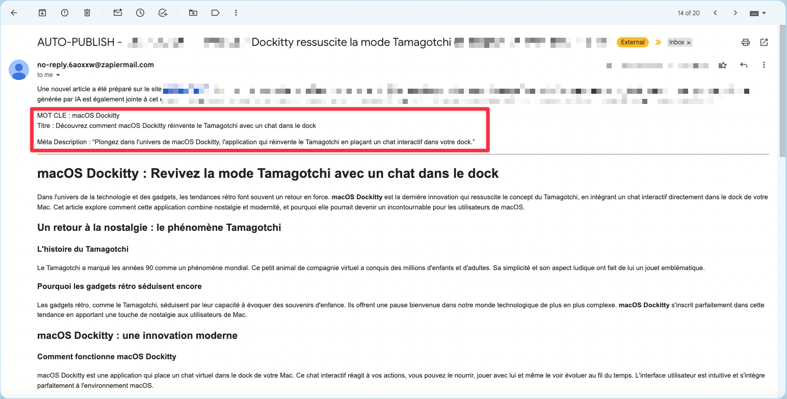 Email de confirmation bien reçu avec l'article et l'image DALL-E en pièce jointe