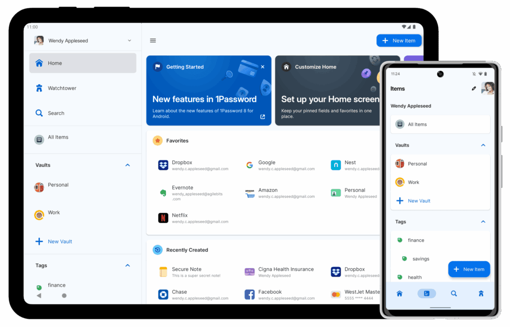 Aperçu de l'interface de 1Password