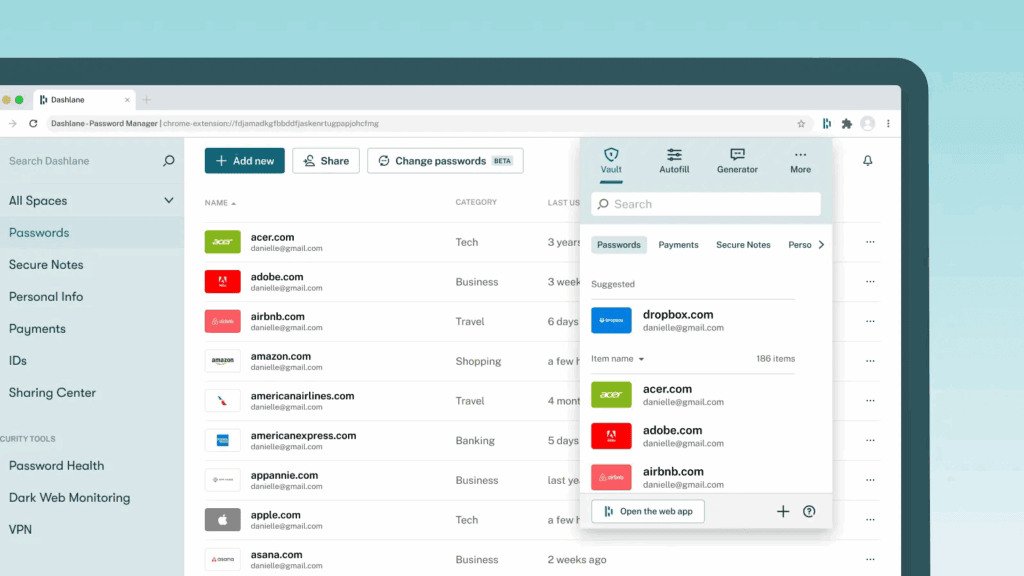 Aperçu de l'interface de Dashlane