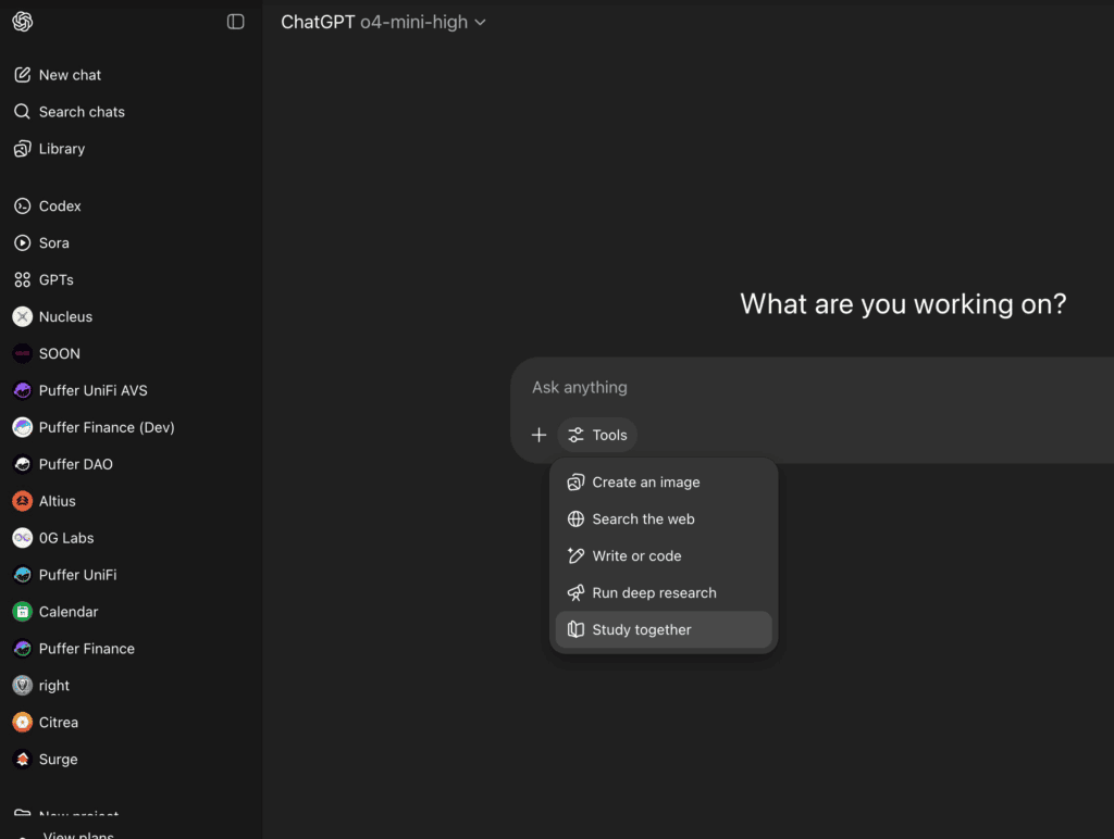 Aperçu du mode révision ou "study together" dans l'interface web de ChatGPT