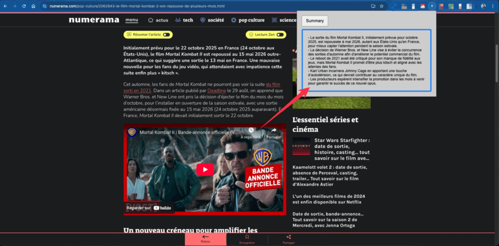 Page du site Numerama que nous tentons de résumer avec ChatGPT