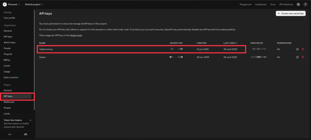 Aperçu de vos clés d'API dont 1 que j'ai créé pour mon extension Google Chrome