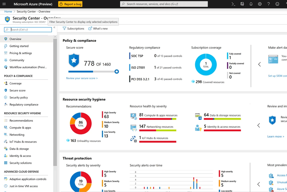 Interface de Microsoft Security Center
