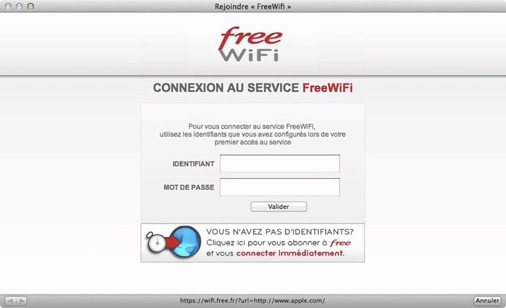 Page de connexion pour accéder au service FreeWifi