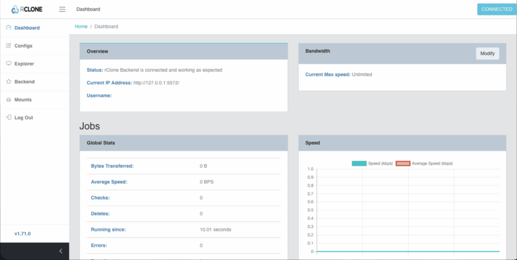 Aperçu de l'interface web de RCLONE