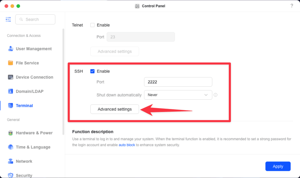 N'oubliez pas d'activer l'option SSH si vous souhaitez pouvoir vous connecter sur votre NAS en CLI