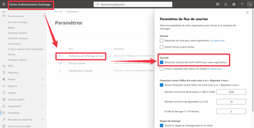 Vérification de l'option SMTP AUTH