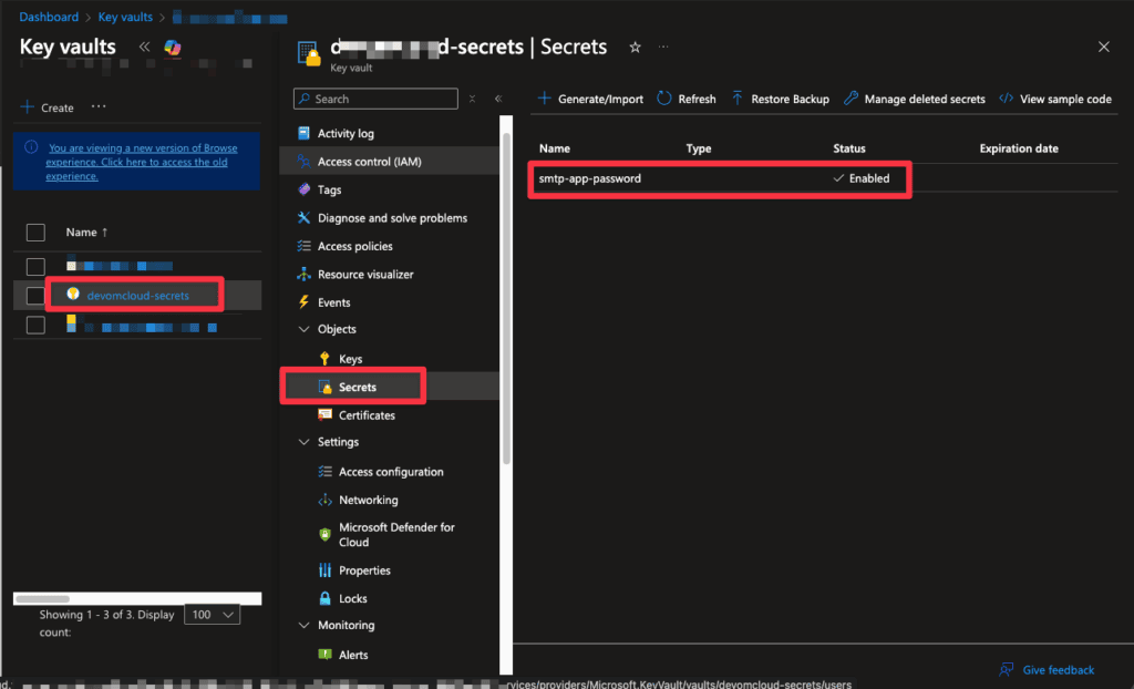 Création d'un key vault et ajout de notre secret (notre application password)