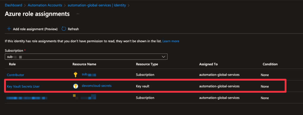 Ajout de la permission Key Vault Secrets User