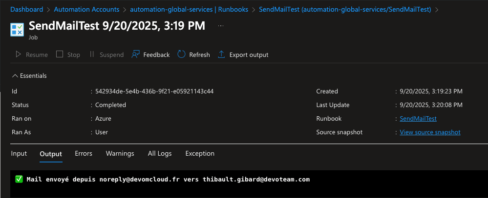 L'email a bien été envoyé par Azure Automation