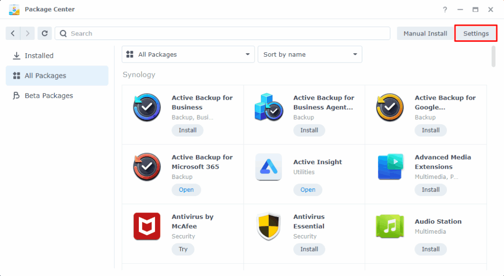 Rappel de l'interface côté Synology pour installer de nouvelles applications