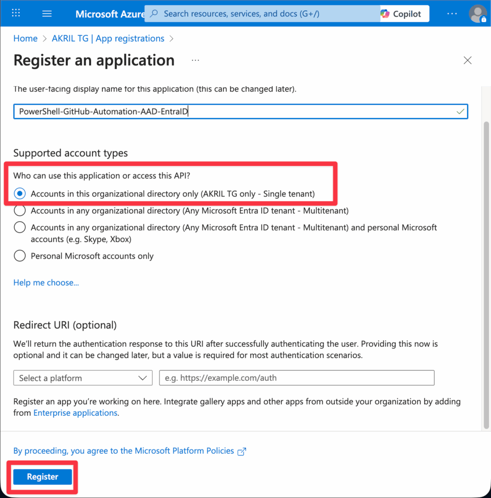 Création d'une nouvelle App Registration