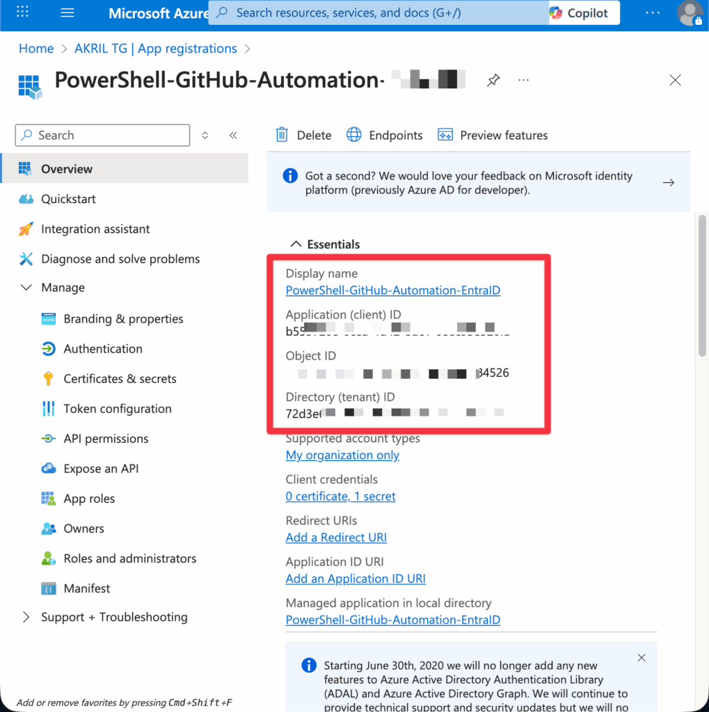 Récupérez les informations de votre app registration