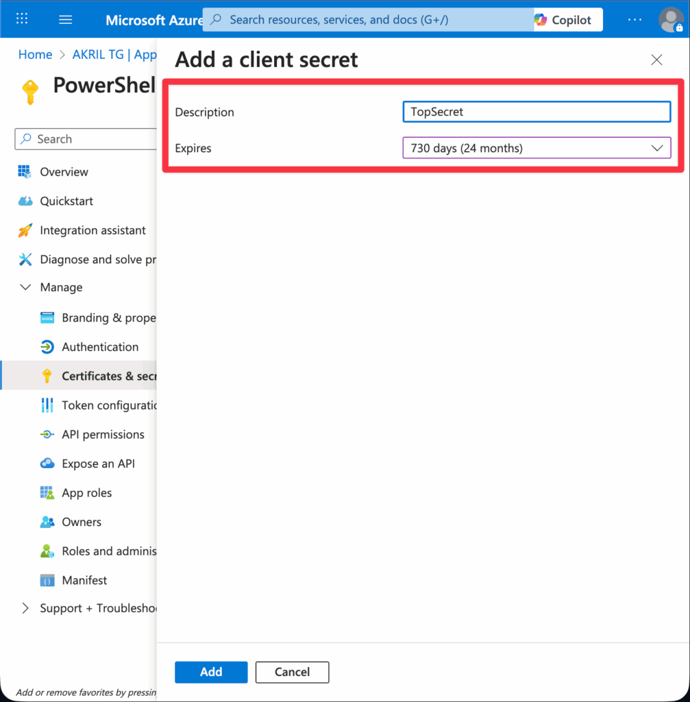 Créez un nouveau secret (genre de clé d'API)